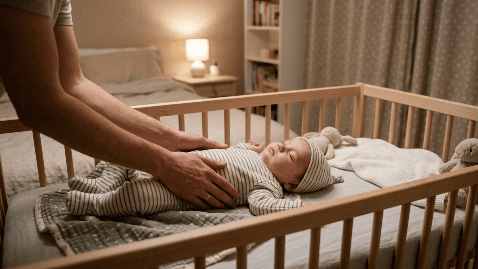 A parent gently lowering a sleepy baby into a crib in a dark nursery with a small nightlight, realistic photo