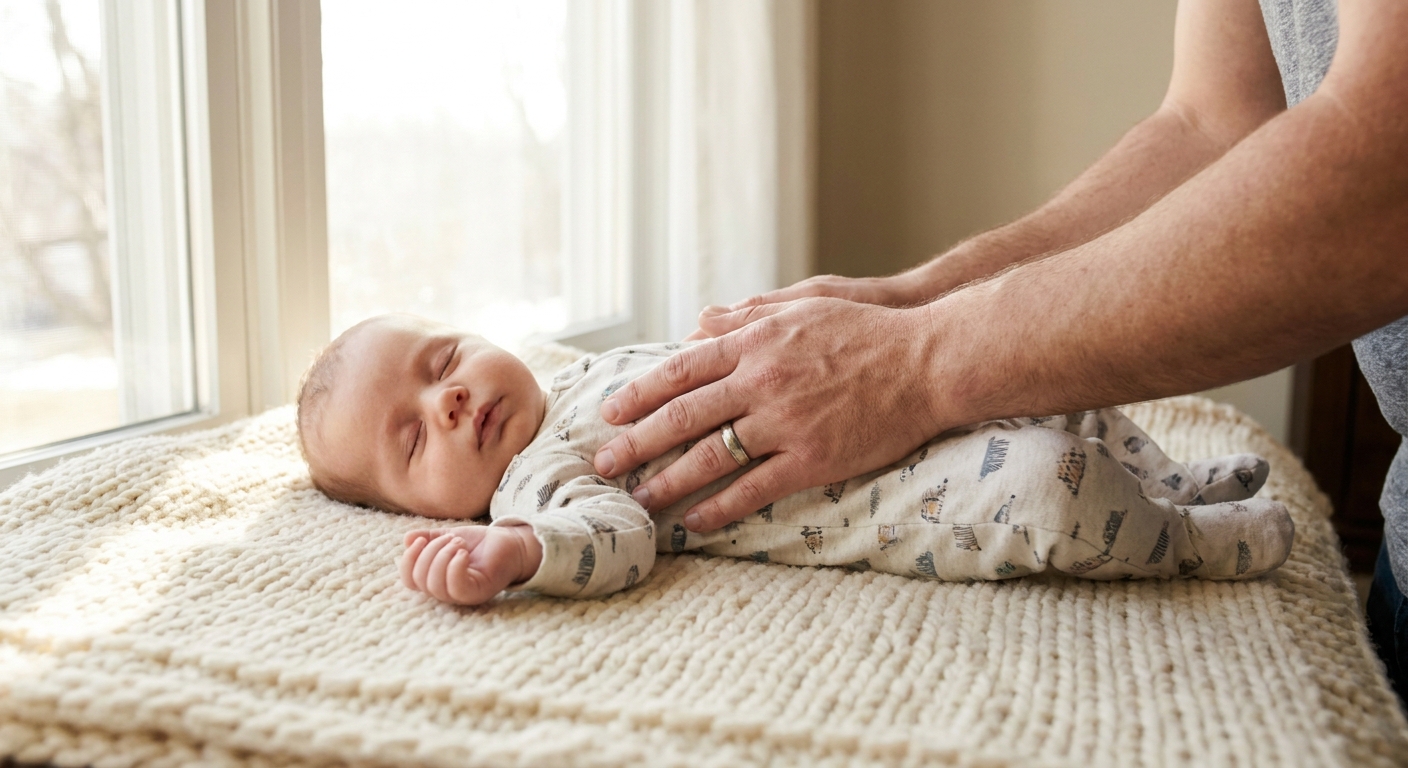 A parent gently massaging an infant’s belly while the baby lies on a soft blanket in natural window light, real photograph