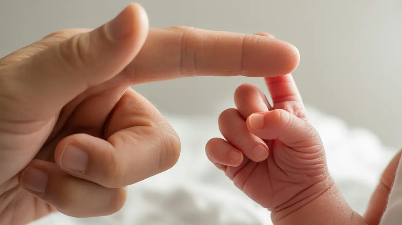 A parent gently offering a finger while a newborn curls their tiny fingers to grasp, soft window light, close-up photograph