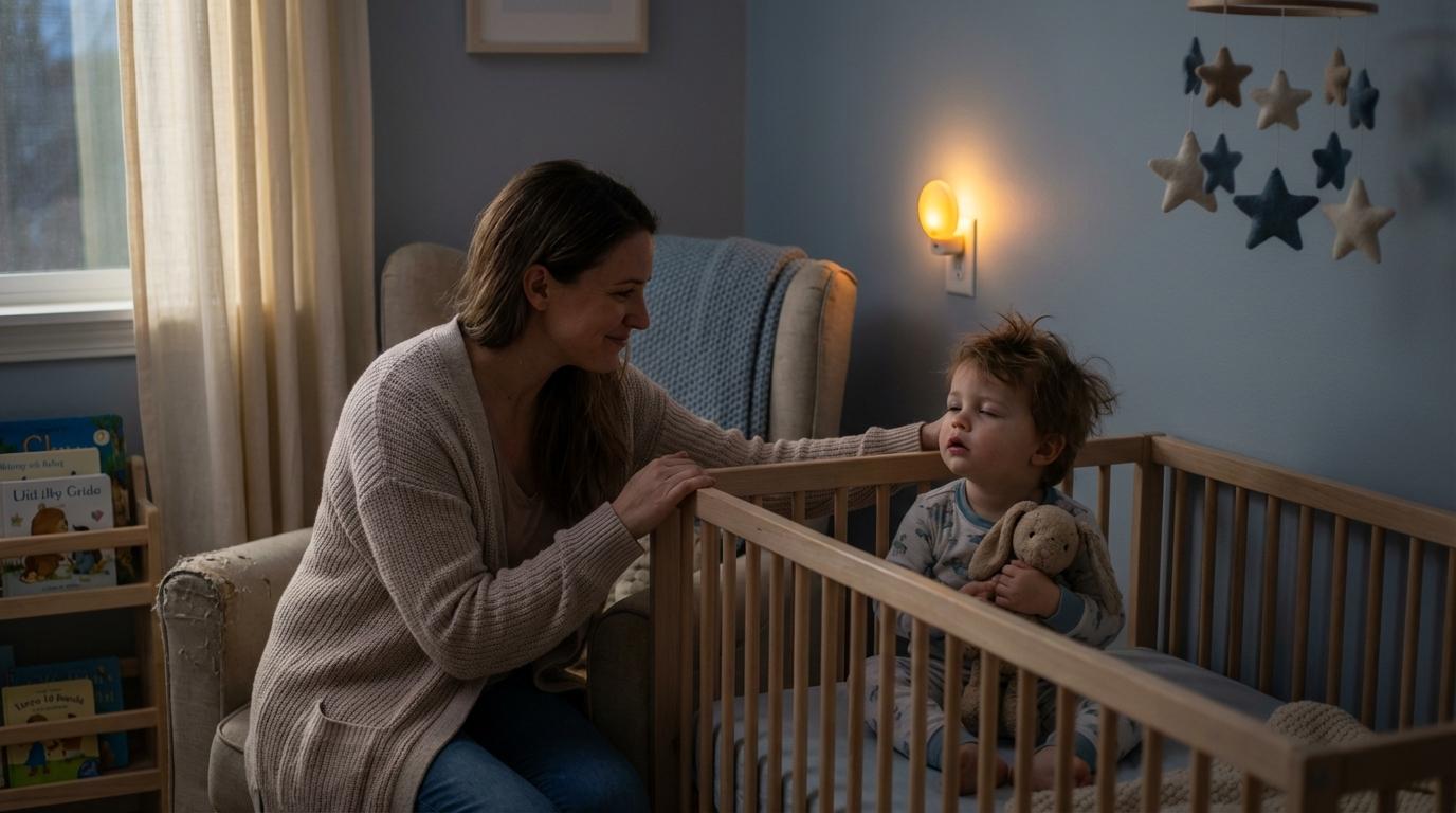 A parent gently patting a 13-month-old toddler in a crib at bedtime in a dimly lit nursery, calm real-life photo
