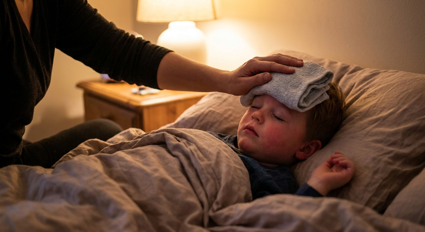 A parent gently placing a cool washcloth on a child’s forehead as the child lies in bed with eyes closed, soft bedroom lighting, real photo