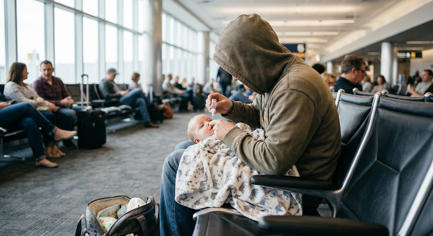 A parent gently placing saline drops into a baby’s nostril while sitting in an airport gate area, candid travel photo