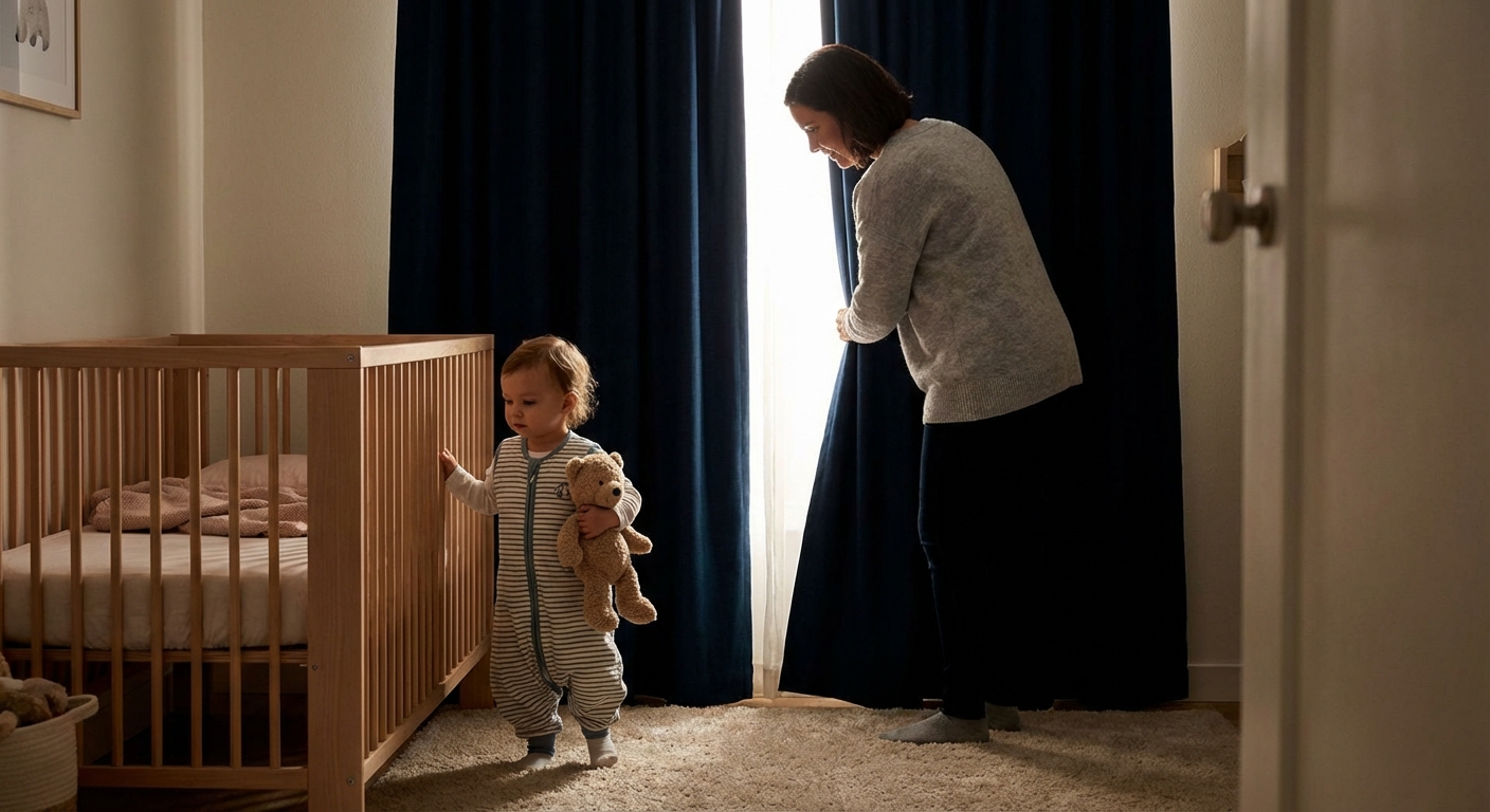 A parent gently pulling blackout curtains in a toddler bedroom while the toddler stands in a sleep sack near a crib, cozy nap time routine, photorealistic