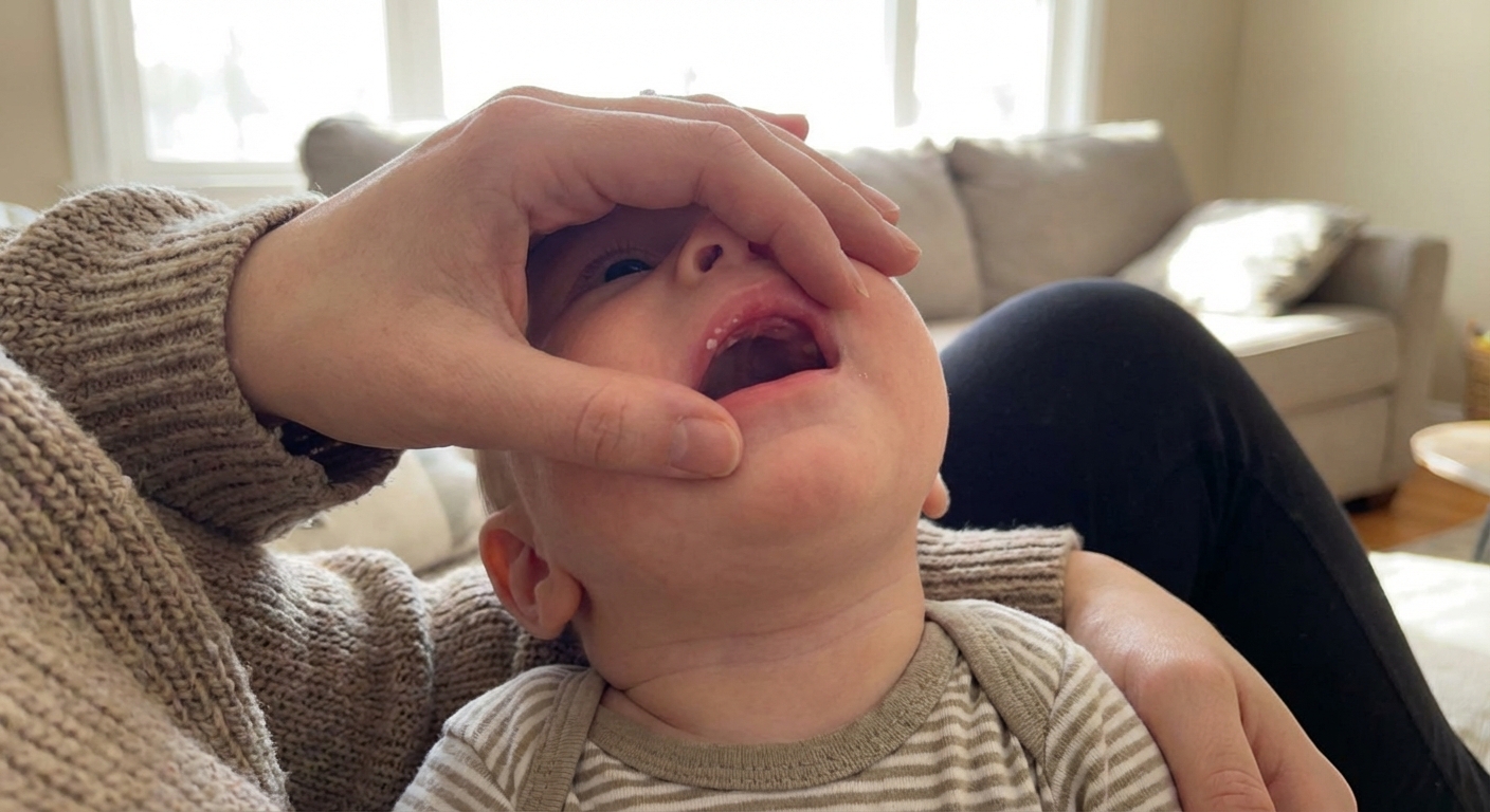 A parent gently pulling down a baby’s lower lip to look inside the mouth, showing small white patches on the inner cheek in a softly lit home setting, photorealistic
