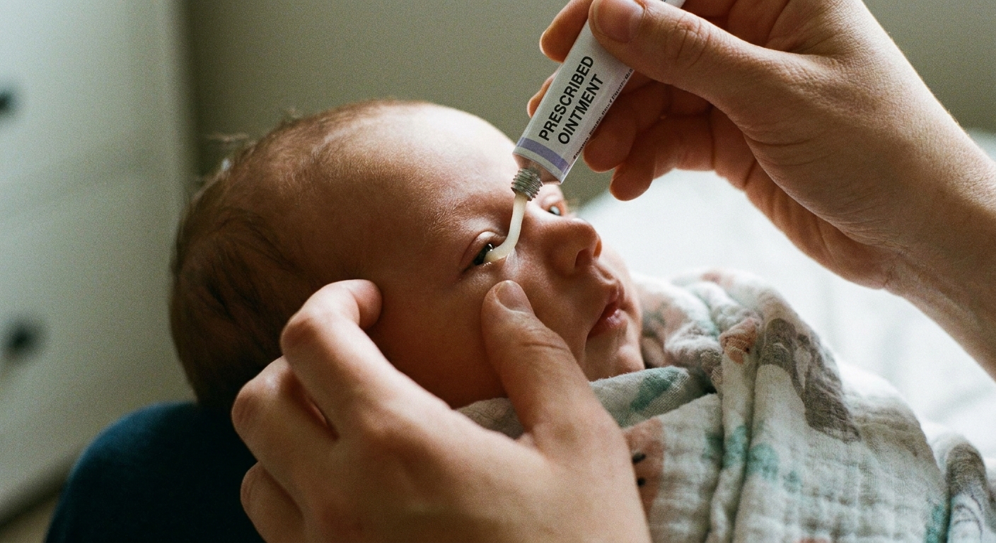 A parent gently pulling down an infant’s lower eyelid while applying a thin ribbon of prescribed eye ointment, close-up real-life photo