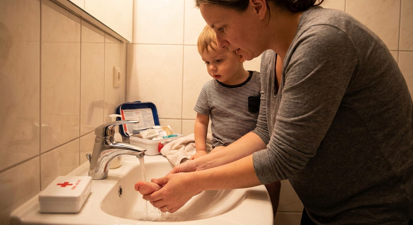 A parent gently rinsing a child’s foot over a bathroom sink after a playground puncture wound, realistic indoor photo