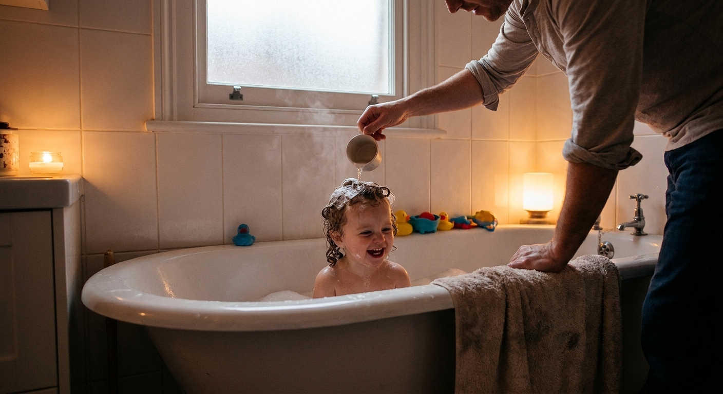 A parent gently rinsing a toddler girl's hair during bath time in a softly lit bathroom, real life family photography style