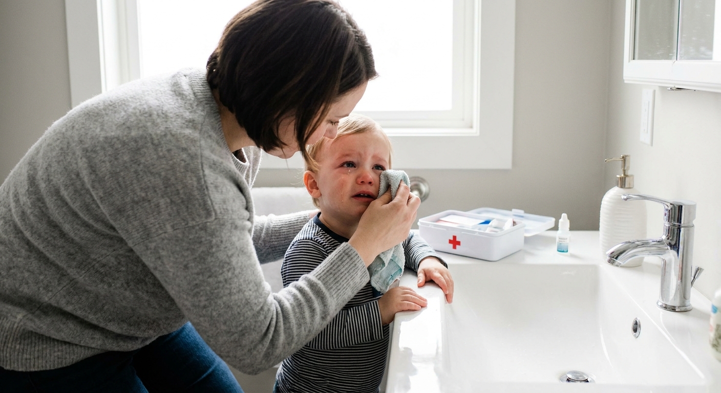 A parent gently rinsing a toddler's face near a bathroom sink after a minor eye injury, real photograph style