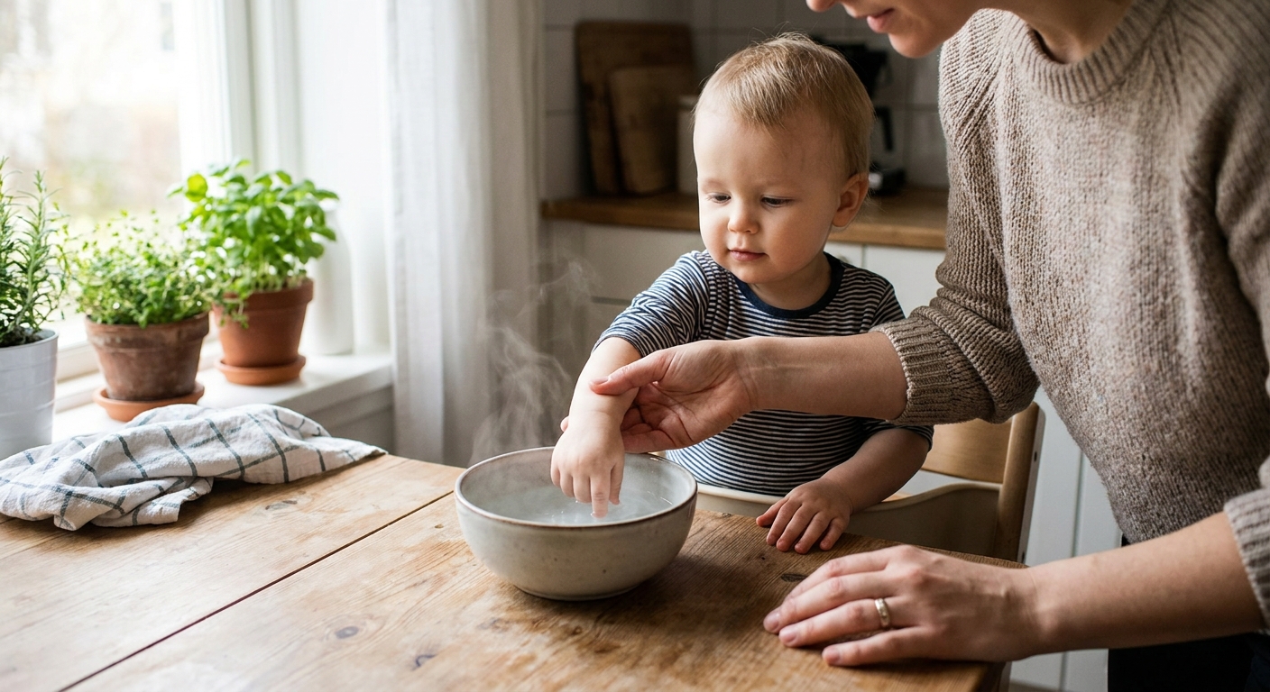 A parent gently soaking a toddler's finger in a small bowl of warm water on a kitchen table, realistic photo, soft natural light