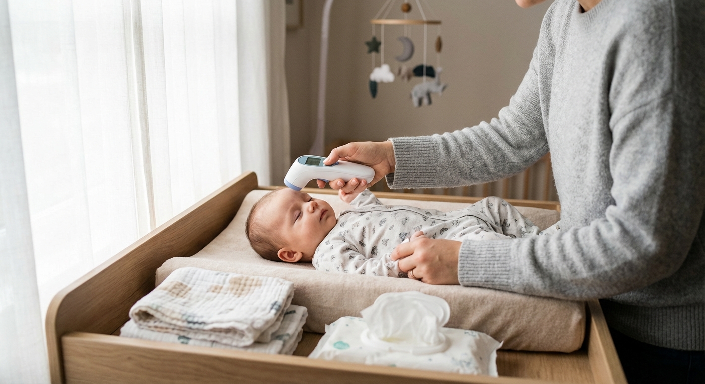 A parent gently taking an infant's temperature with a digital thermometer while the baby lies on a changing table, natural indoor lighting, photorealistic