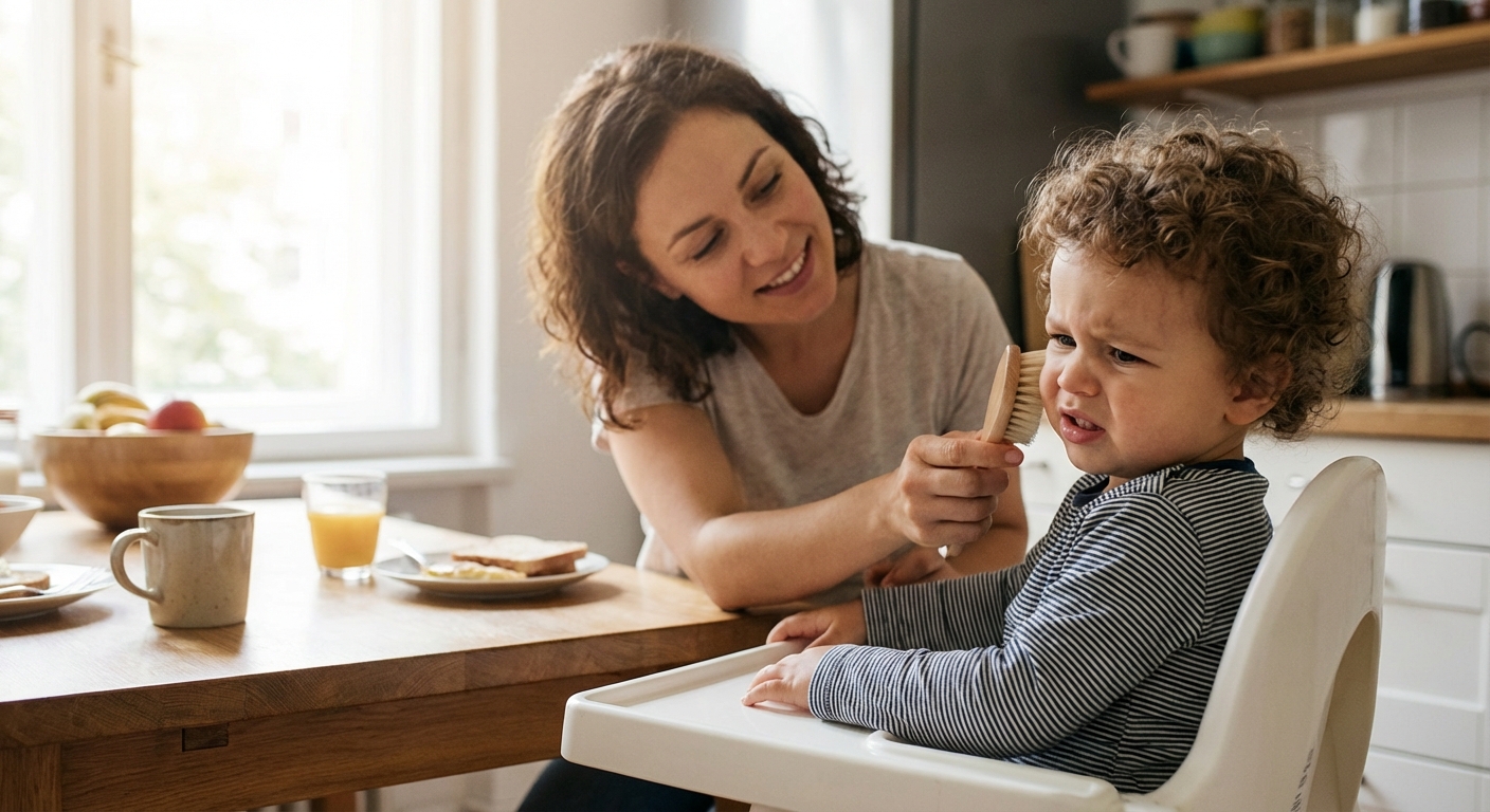 A parent gently touching a toddler’s cheek while the toddler looks uncomfortable, seated at a kitchen table in soft morning light, candid family photo