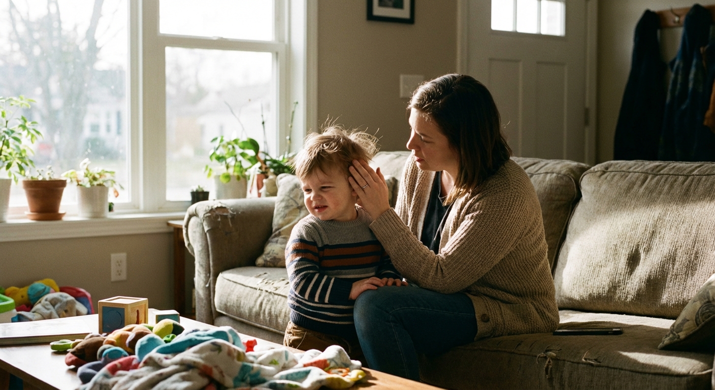 A parent gently touching a toddler's ear while the toddler looks uncomfortable on a living room couch, natural daylight, candid photorealistic family photo