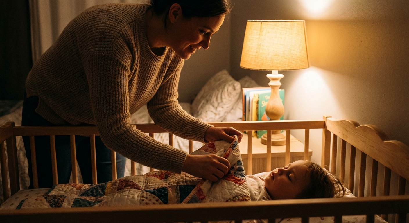 A parent gently tucking a toddler into a bed with a small blanket while a dim bedside lamp glows, peaceful candid lifestyle photo