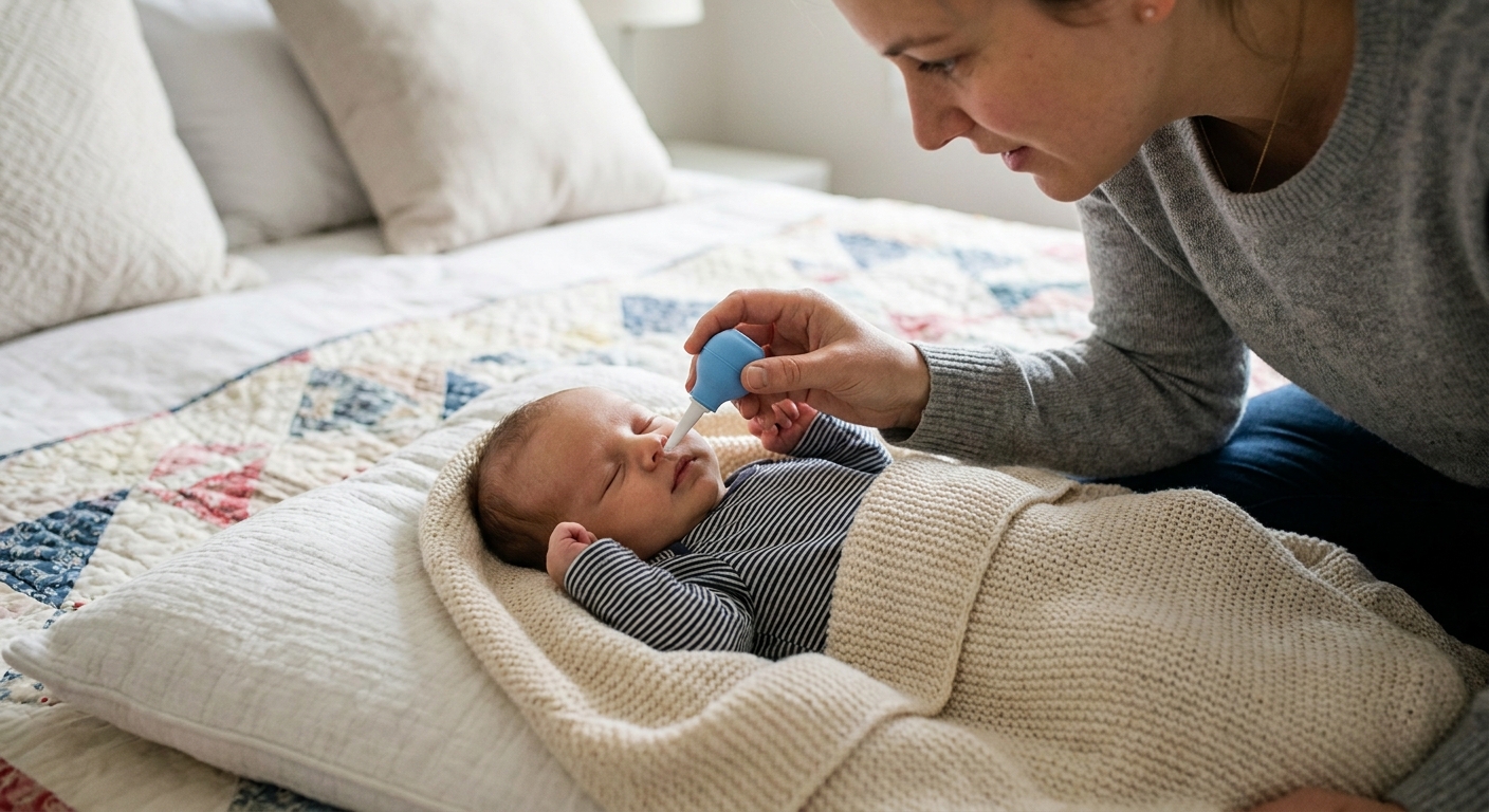 A parent gently using a nasal suction bulb on an infant lying on a bed with a soft blanket, realistic photo