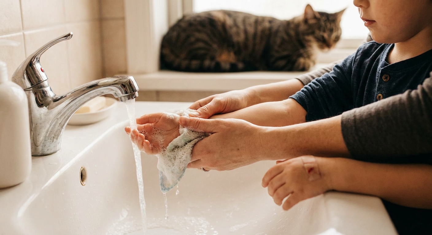 A parent gently washing a child's hand at a sink with soap and running water after a cat bite, realistic home photo