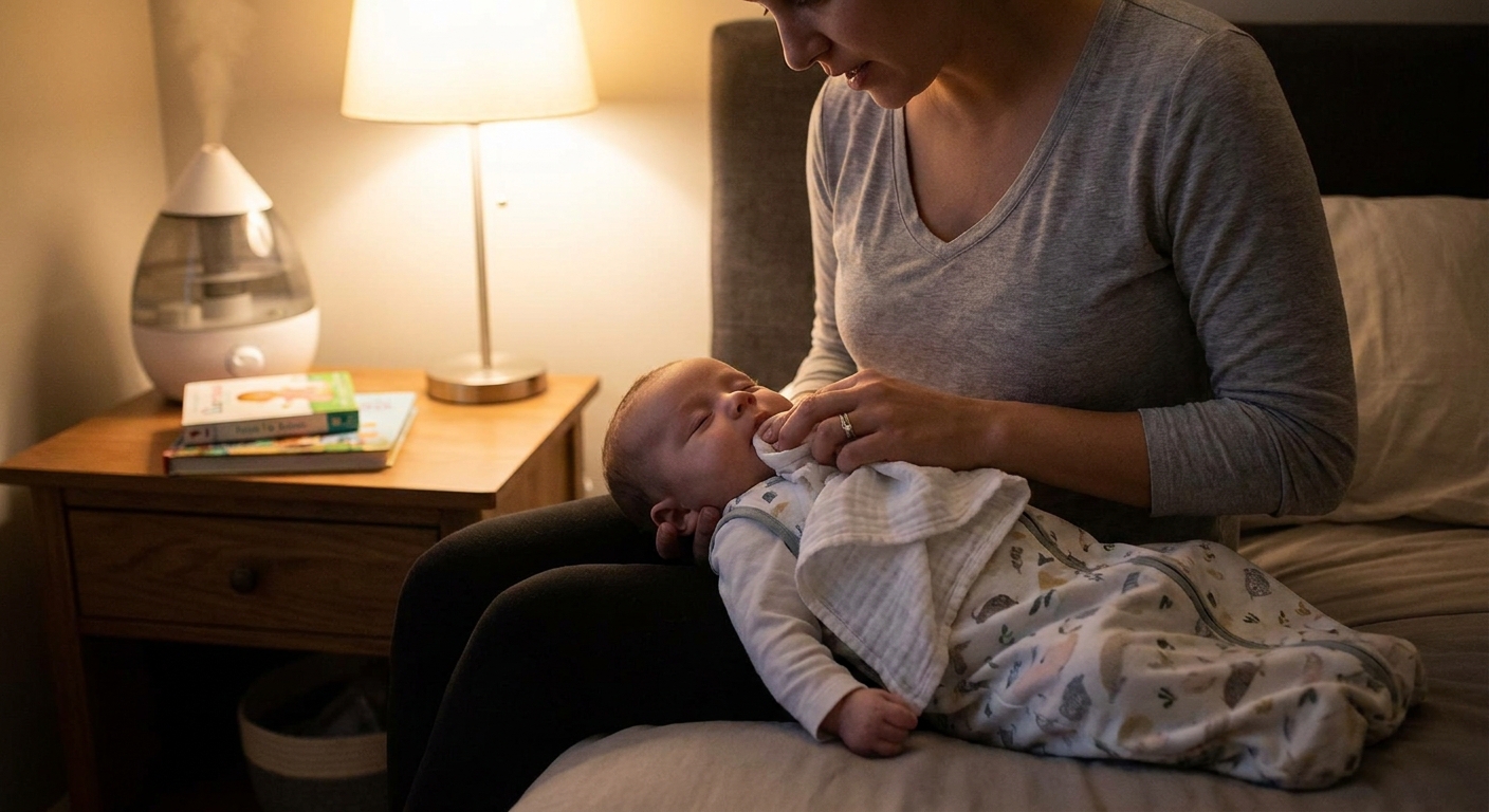 A parent gently wiping an infant's gums with a soft damp washcloth during a calm bedtime routine in a softly lit bedroom