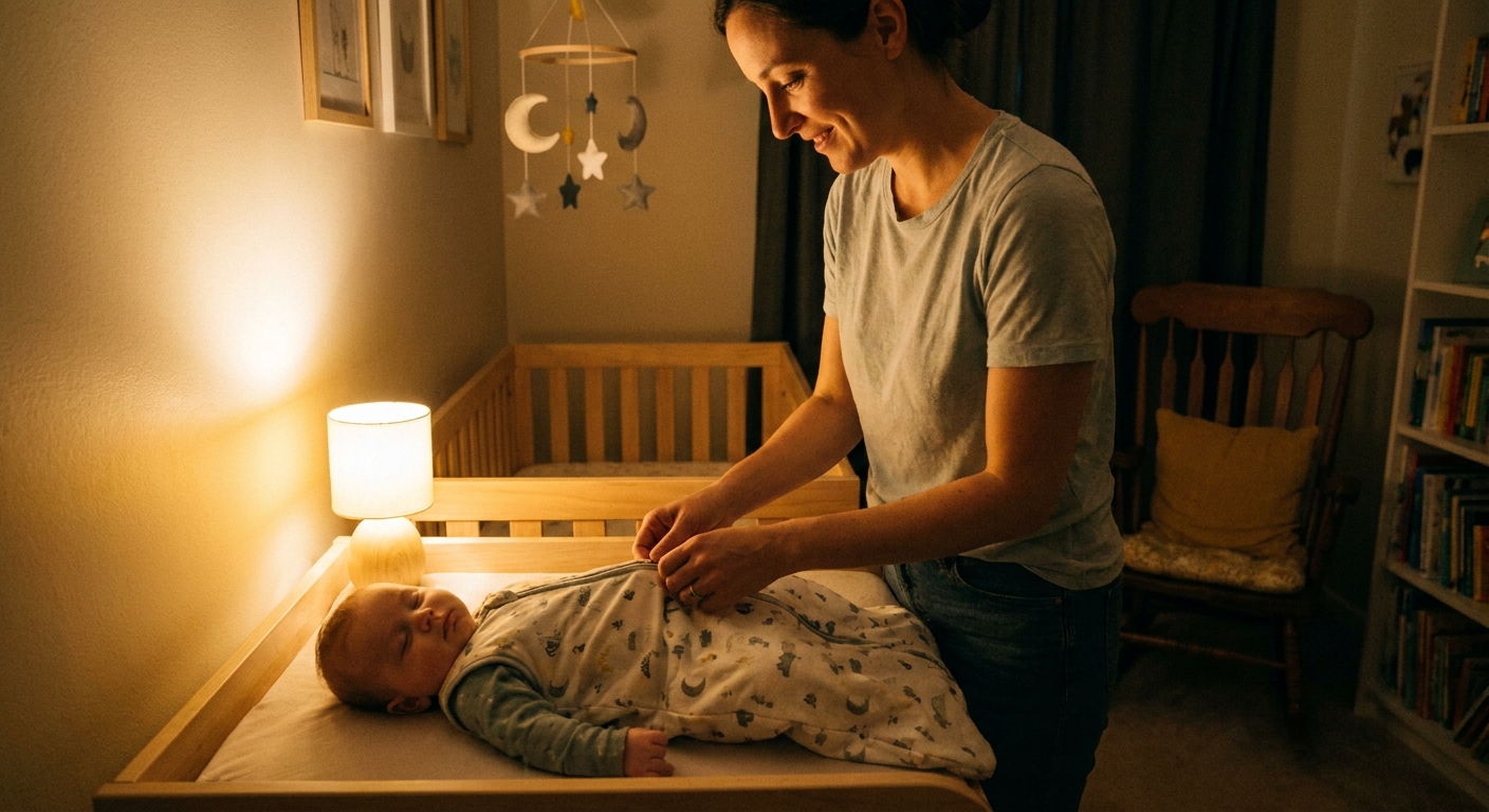 A parent gently zipping a baby into a sleep sack near a crib in a calm nursery at night