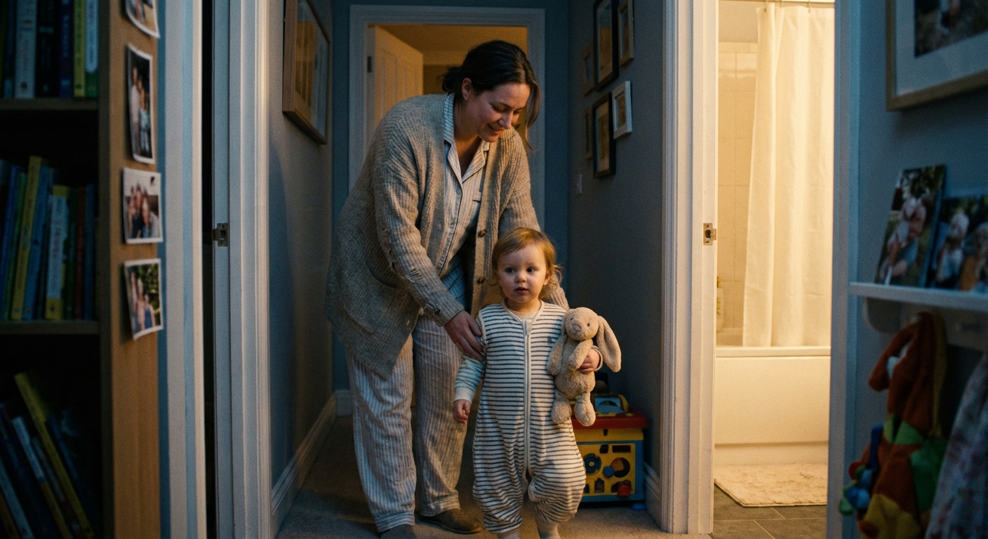 A parent guiding a toddler in pajamas down a hallway toward a softly lit bathroom at bedtime, cozy home setting, candid family photography