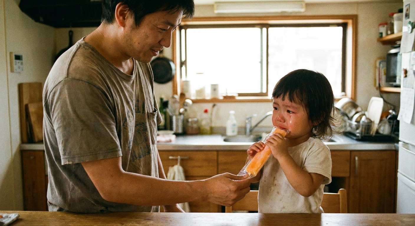A parent handing a child a simple ice pop in a bright kitchen, comforting them while the child holds it near their mouth, real family photo