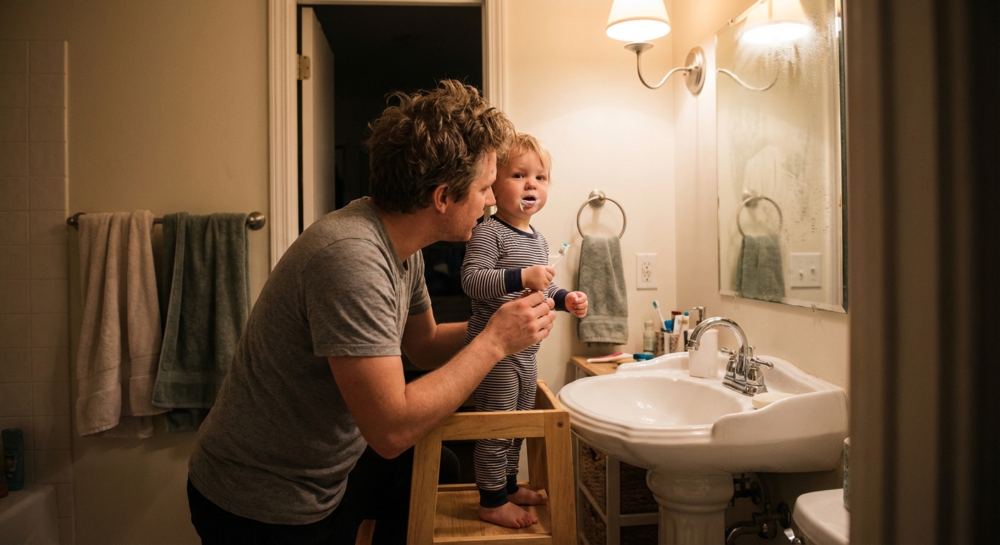 A parent helping a toddler brush their teeth in a bathroom at bedtime, the toddler standing on a small step stool at the sink, warm indoor lighting, candid lifestyle photograph