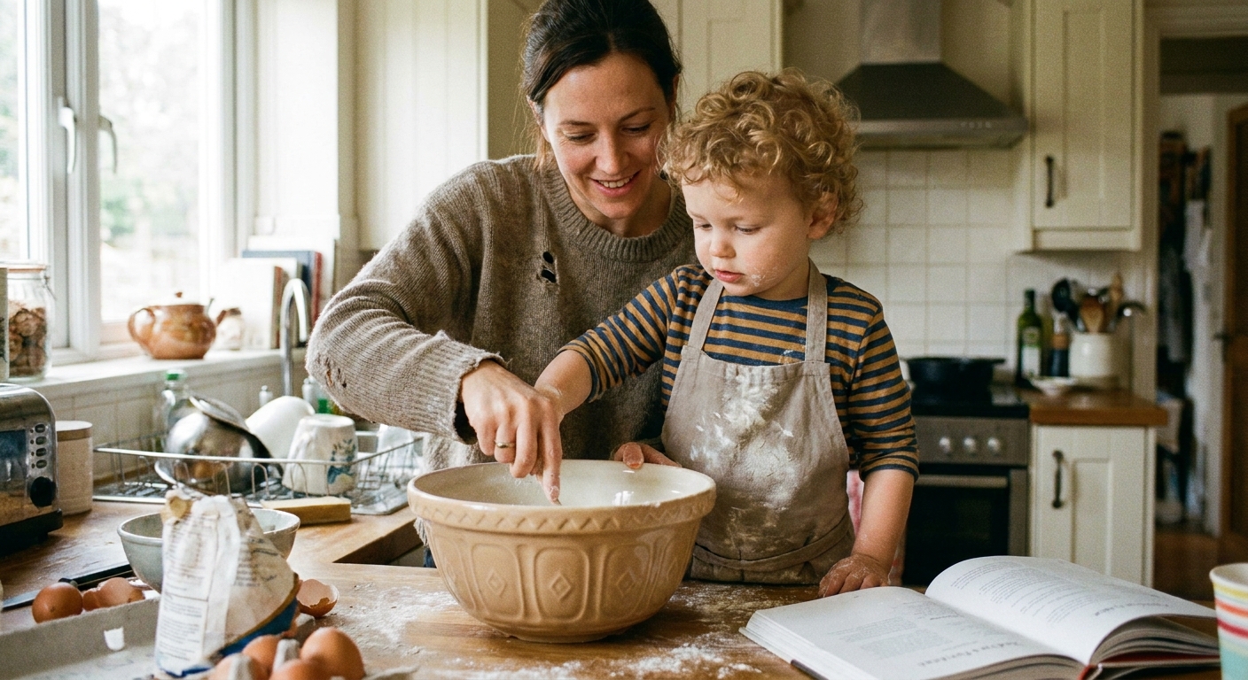 A parent helping a toddler stir ingredients in a mixing bowl on a kitchen counter, both focused on the activity, candid family photo