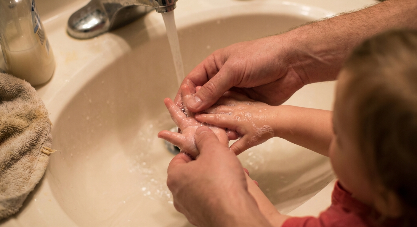 A parent helping a toddler wash hands at a bathroom sink with soap and running water, close-up on hands, warm indoor lighting, photorealistic candid photo