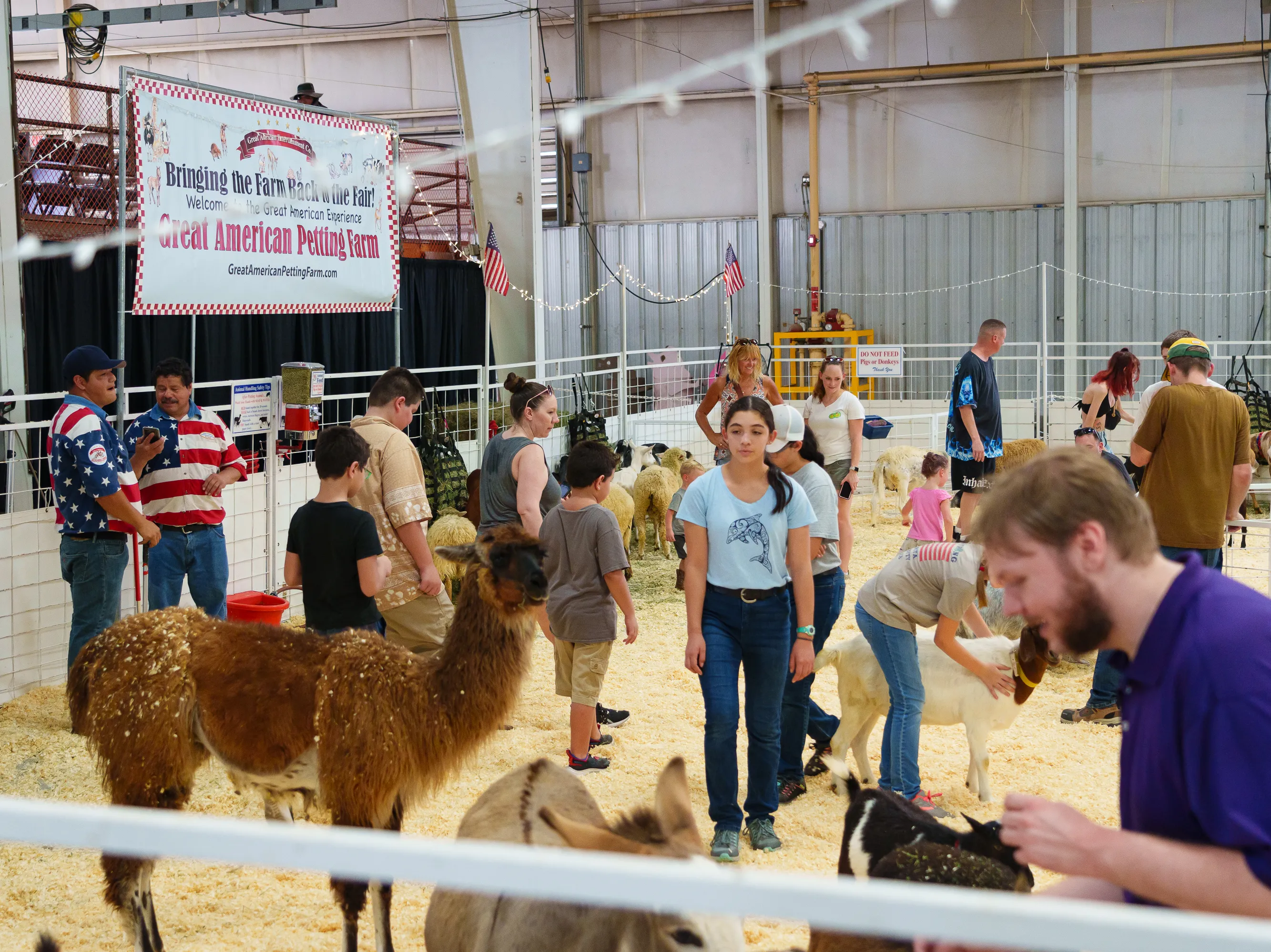 A parent helping a young child wash hands at a busy county fair petting zoo handwashing station, real-life candid photo