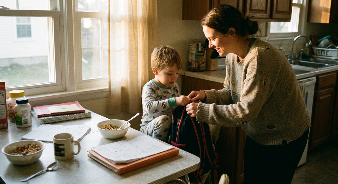 A parent helping a young child zip a backpack at the kitchen table in the early morning light, candid real-life photograph