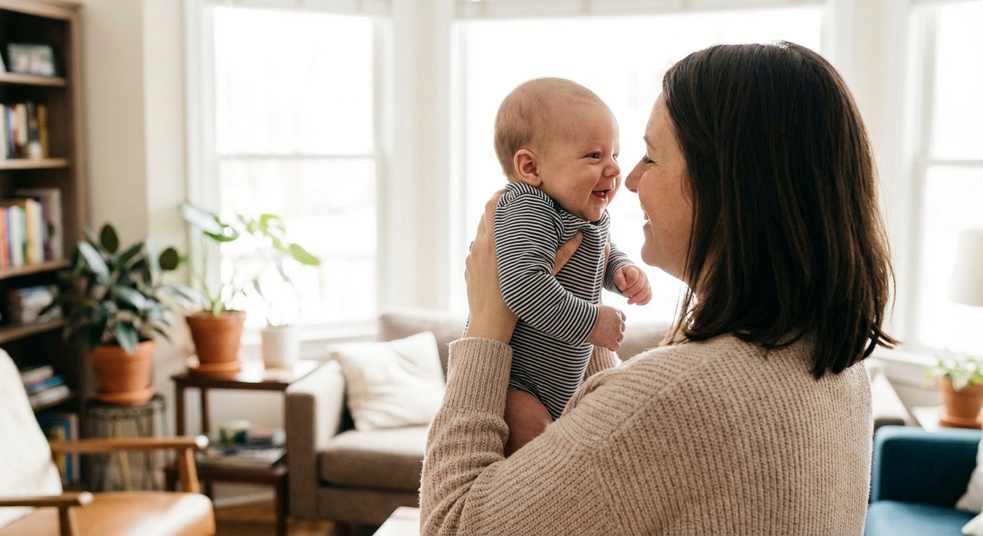 A parent holding a 2 month old baby face to face in a bright living room, the baby making eye contact and beginning to smile, natural candid photograph
