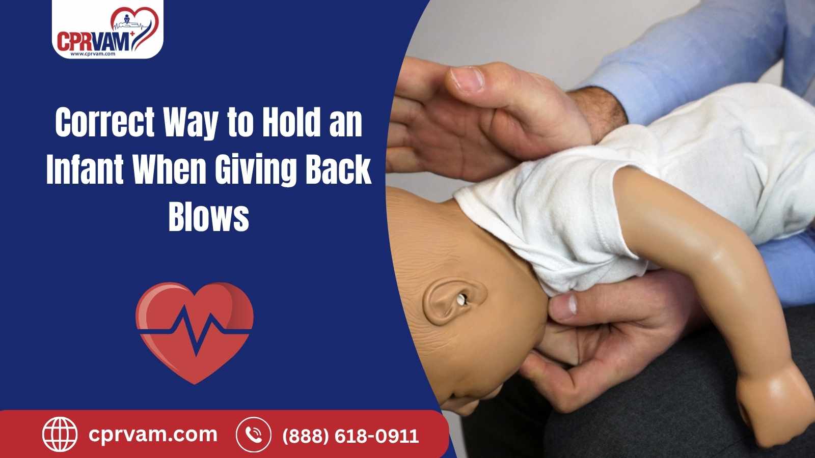 A parent holding a baby face-down along their forearm with the baby's head lower than the chest, positioned safely to give back blows, real-life indoor photo