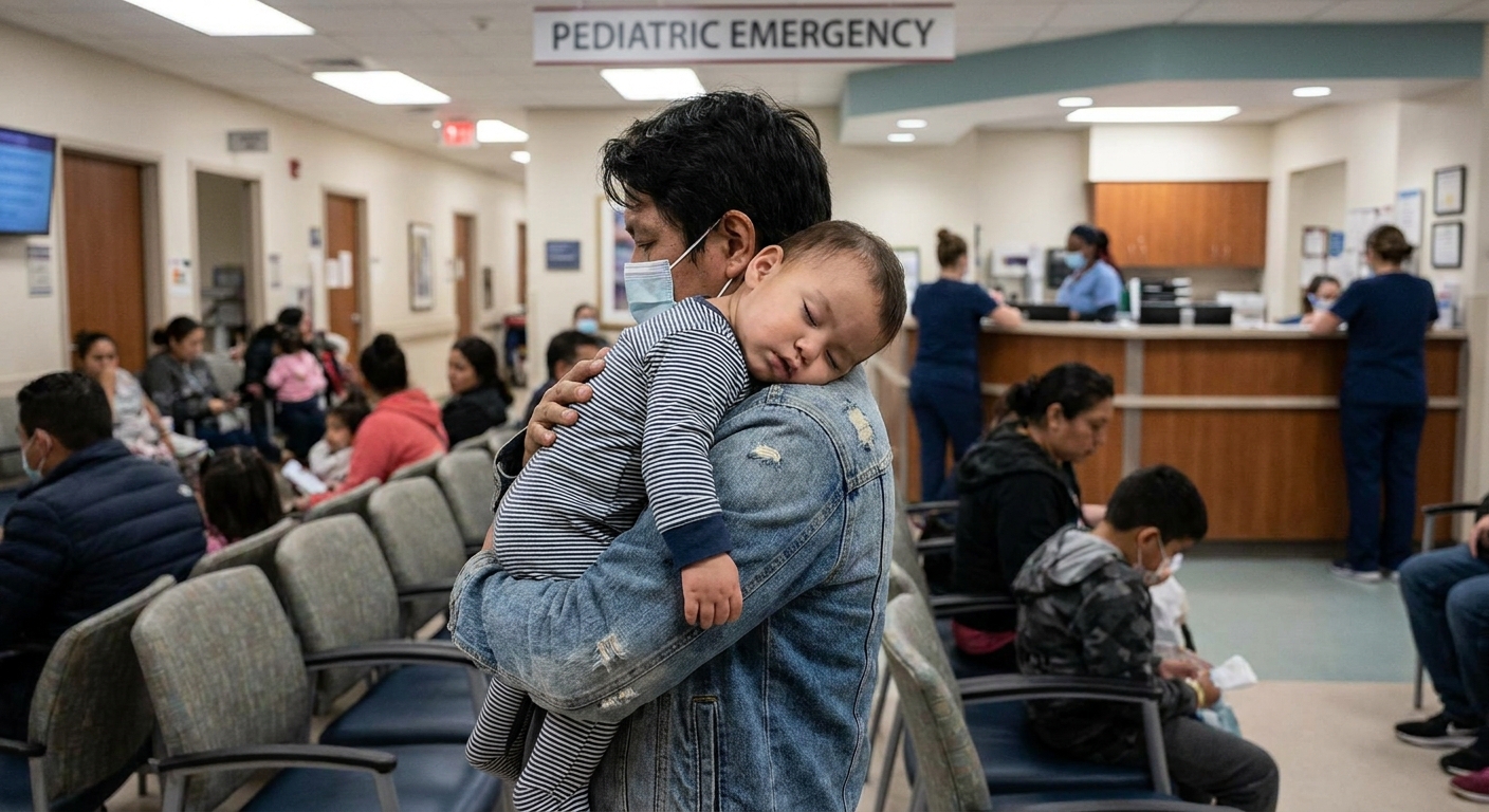 A parent holding a baby in a pediatric emergency room waiting area while the baby rests against the parent’s shoulder, candid documentary-style photograph