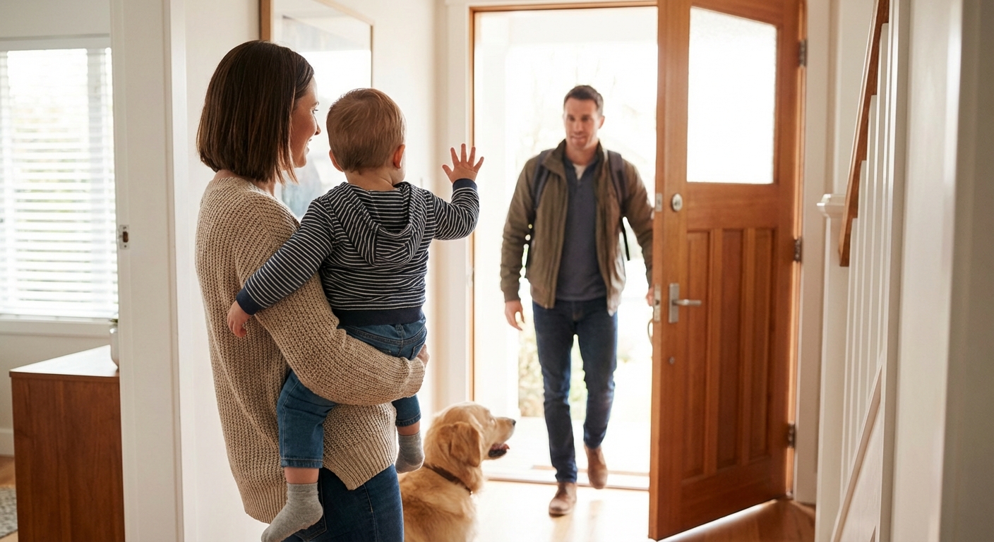 A parent holding a baby near a front door while the baby lifts an open hand and waves goodbye toward a family member leaving