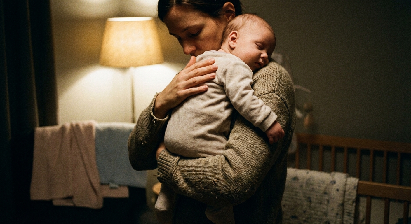 A parent holding a baby upright against their shoulder after a feeding, gently patting the baby’s back in a quiet dim nursery, realistic intimate family photograph