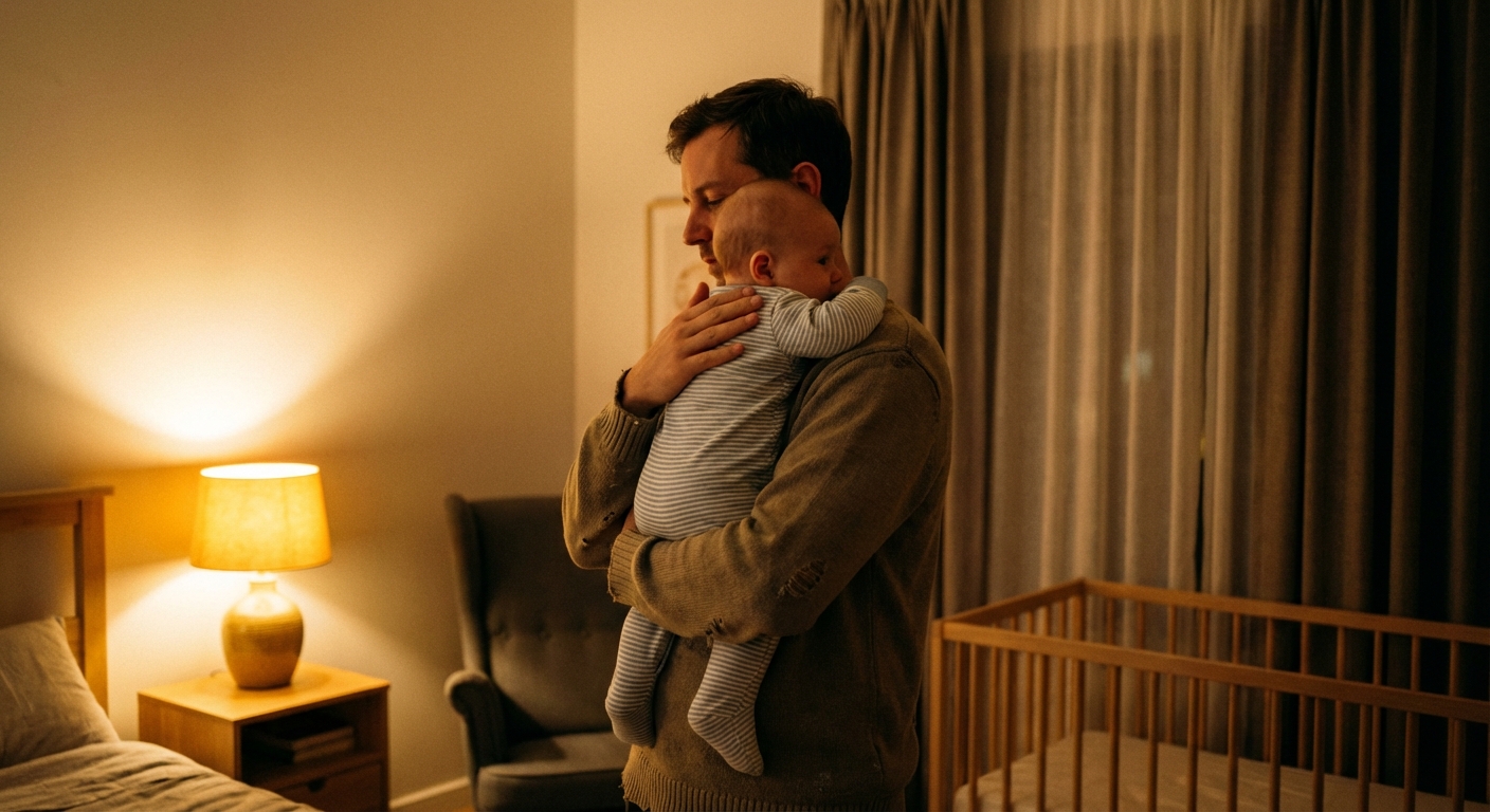 A parent holding a baby upright against their shoulder after a feeding in a calm bedroom with soft lamp light