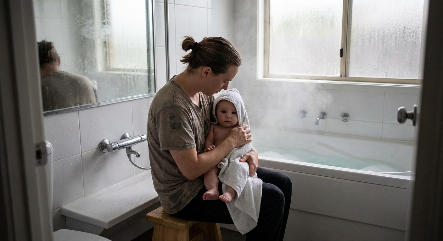 A parent holding a baby wrapped in a towel while sitting in a steamy bathroom