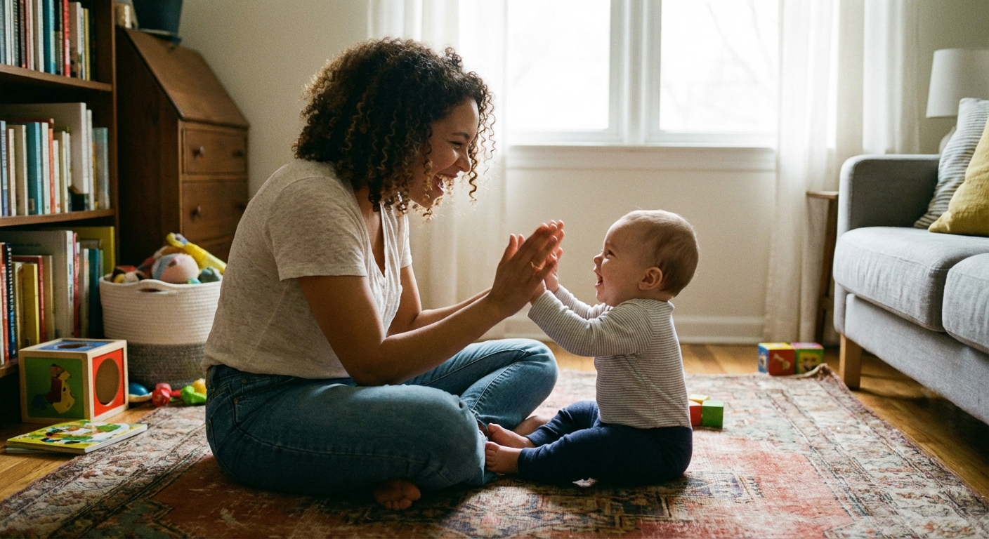 A parent holding a baby’s hands during a pat a cake game at home