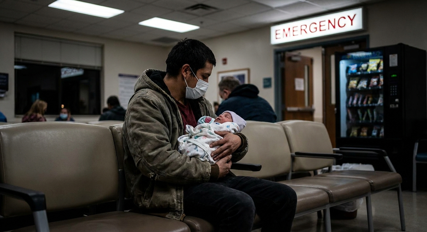 A parent holding a bundled baby in a hospital emergency room waiting area at night, realistic photo style