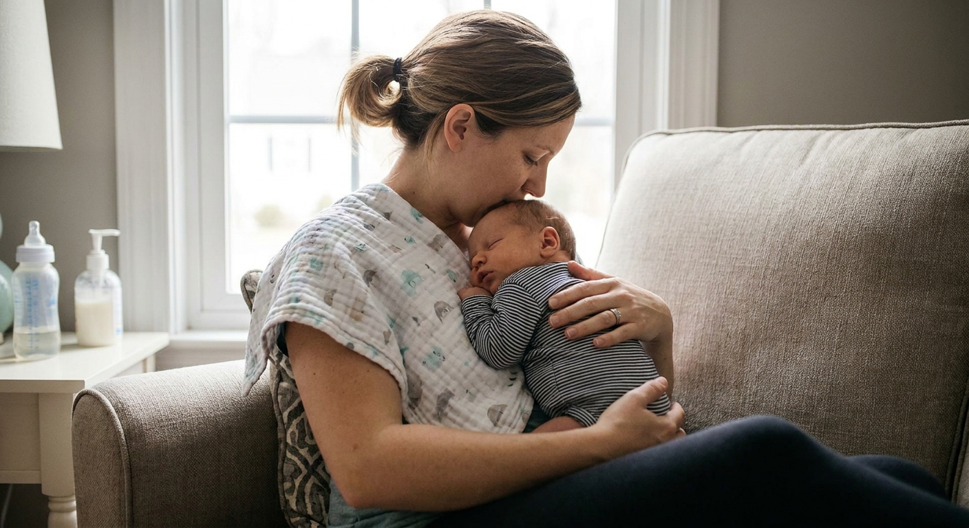 A parent holding a burp cloth against a newborn’s shoulder after a feeding, realistic photo