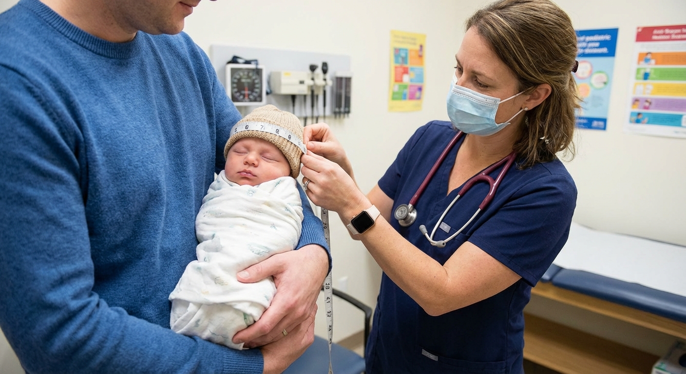 A parent holding a calm infant upright while a clinician gently wraps a measuring tape around the baby’s head in a pediatric clinic, candid photo