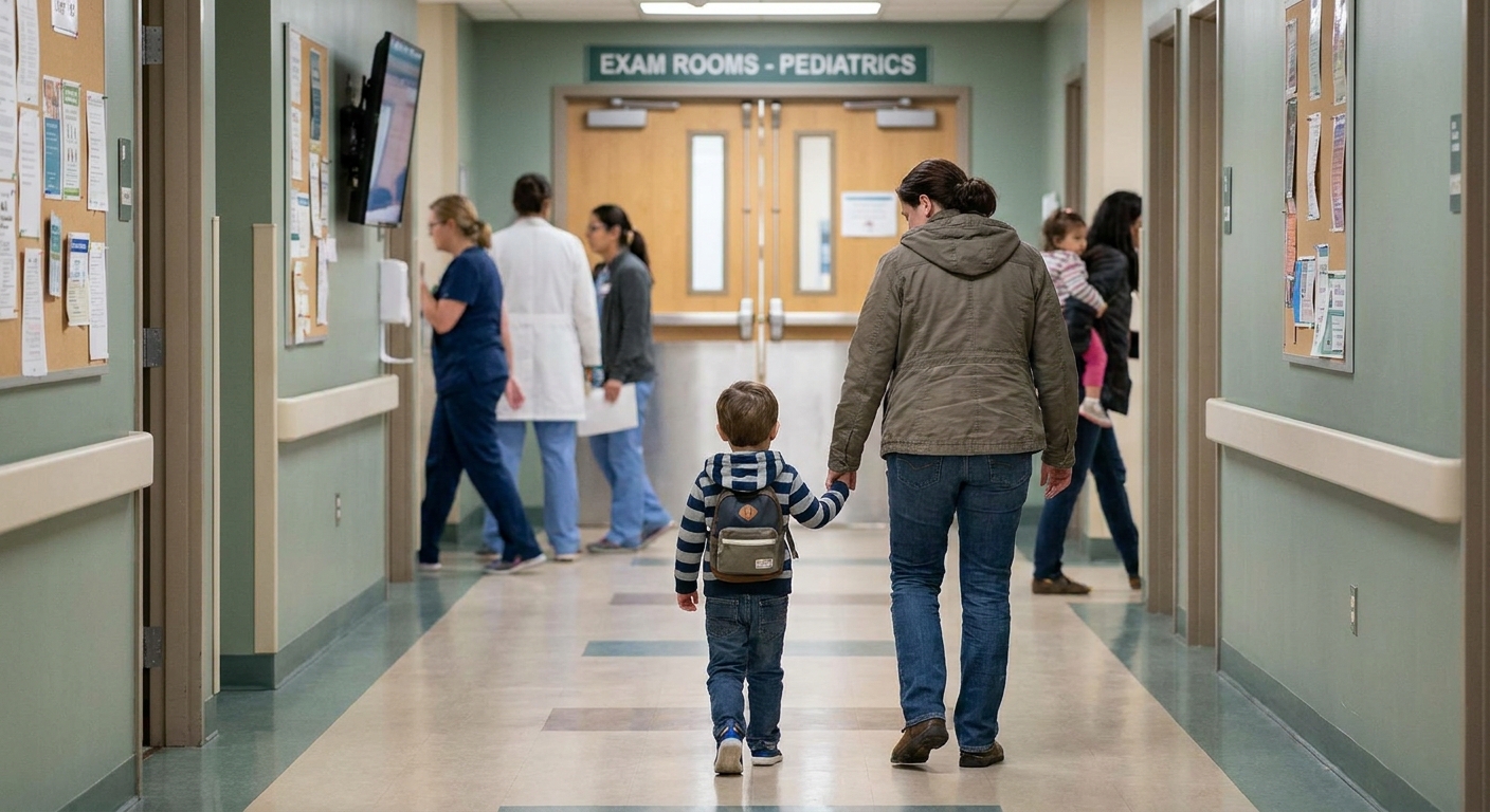 A parent holding a child's hand while walking down a hospital hallway toward an exam area, candid real-life photograph