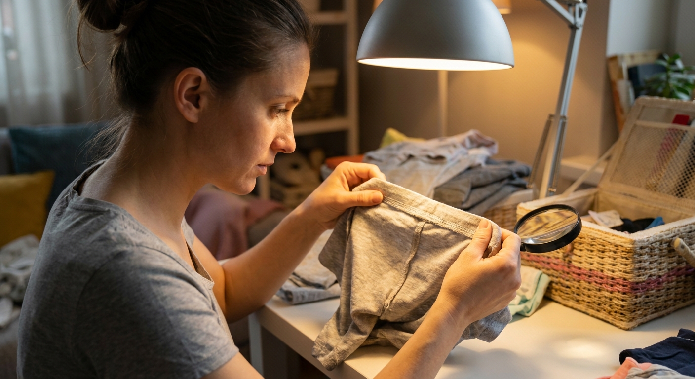A parent holding a child's inside-out shirt and closely inspecting the fabric seams near the waistband under a bright lamp, realistic photo