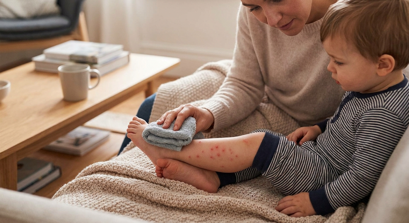 A parent holding a cool damp washcloth against a child’s ankle with small red itchy bumps, calm indoor setting, real photograph