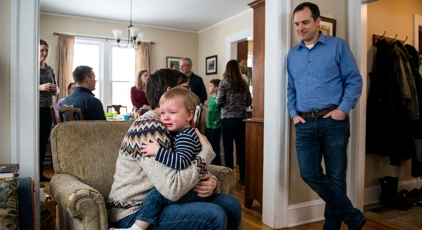 A parent holding a crying toddler close at a family gathering while a relative stands nearby, giving the child space, candid indoor photo