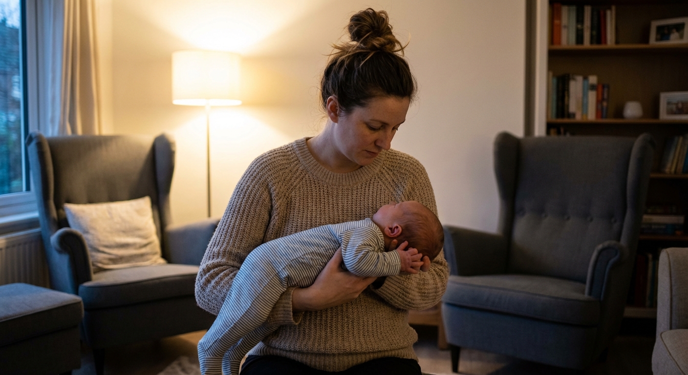 A parent holding a newborn in the colic carry position with the baby lying tummy down across the forearm, head supported near the elbow, in a softly lit living room, realistic candid photography