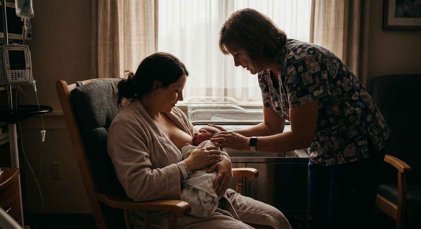 A parent holding a newborn skin-to-skin while a lactation consultant gently helps position the baby for a deep latch in a softly lit hospital room, real photo
