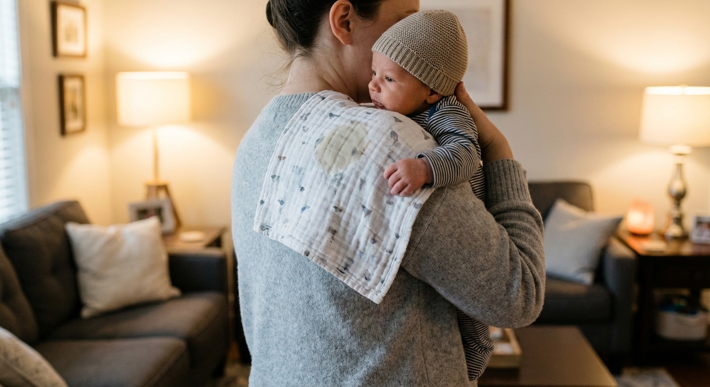 A parent holding a newborn upright on their shoulder with a burp cloth, the baby has a small amount of milk spit-up on the cloth, warm indoor lighting, candid photorealistic moment