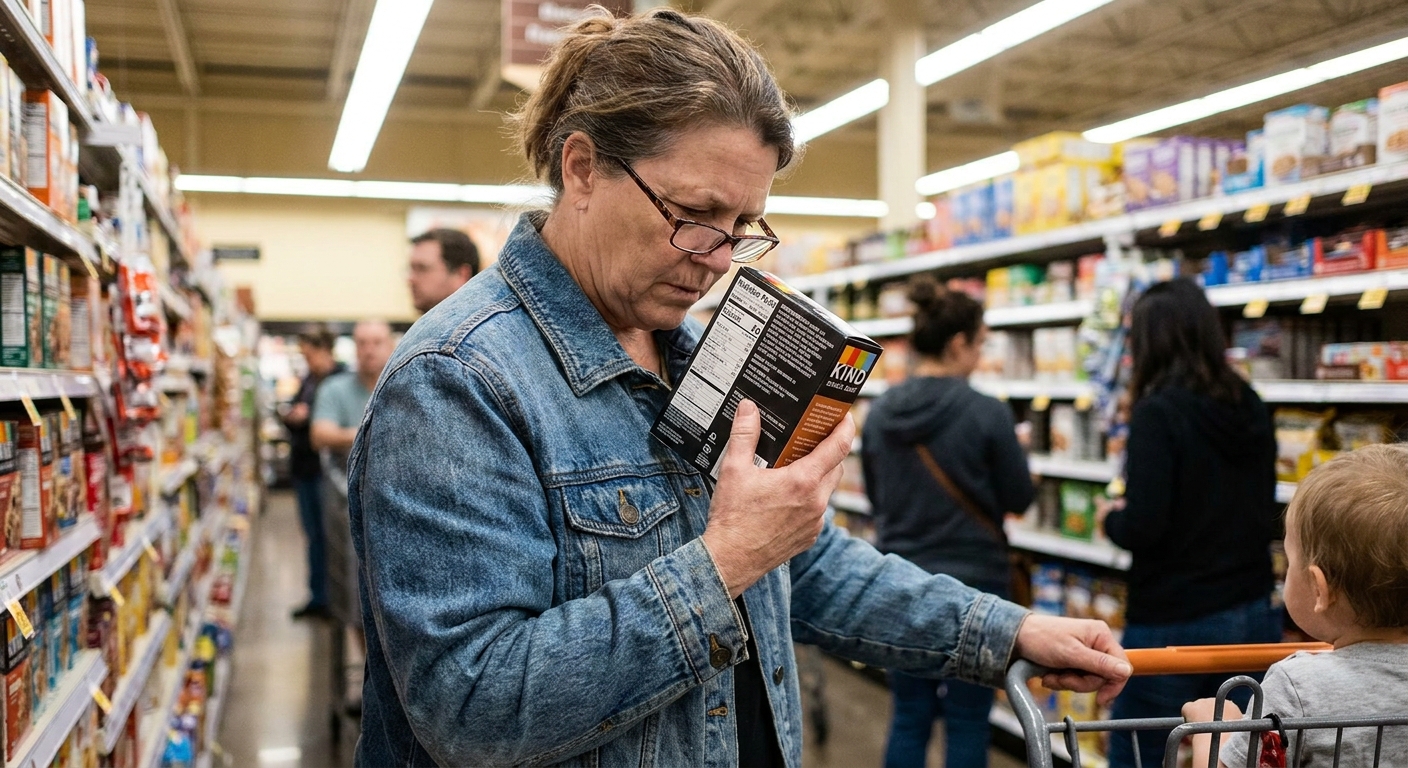 A parent holding a packaged snack and carefully reading the ingredient label in a grocery store aisle, realistic candid photo