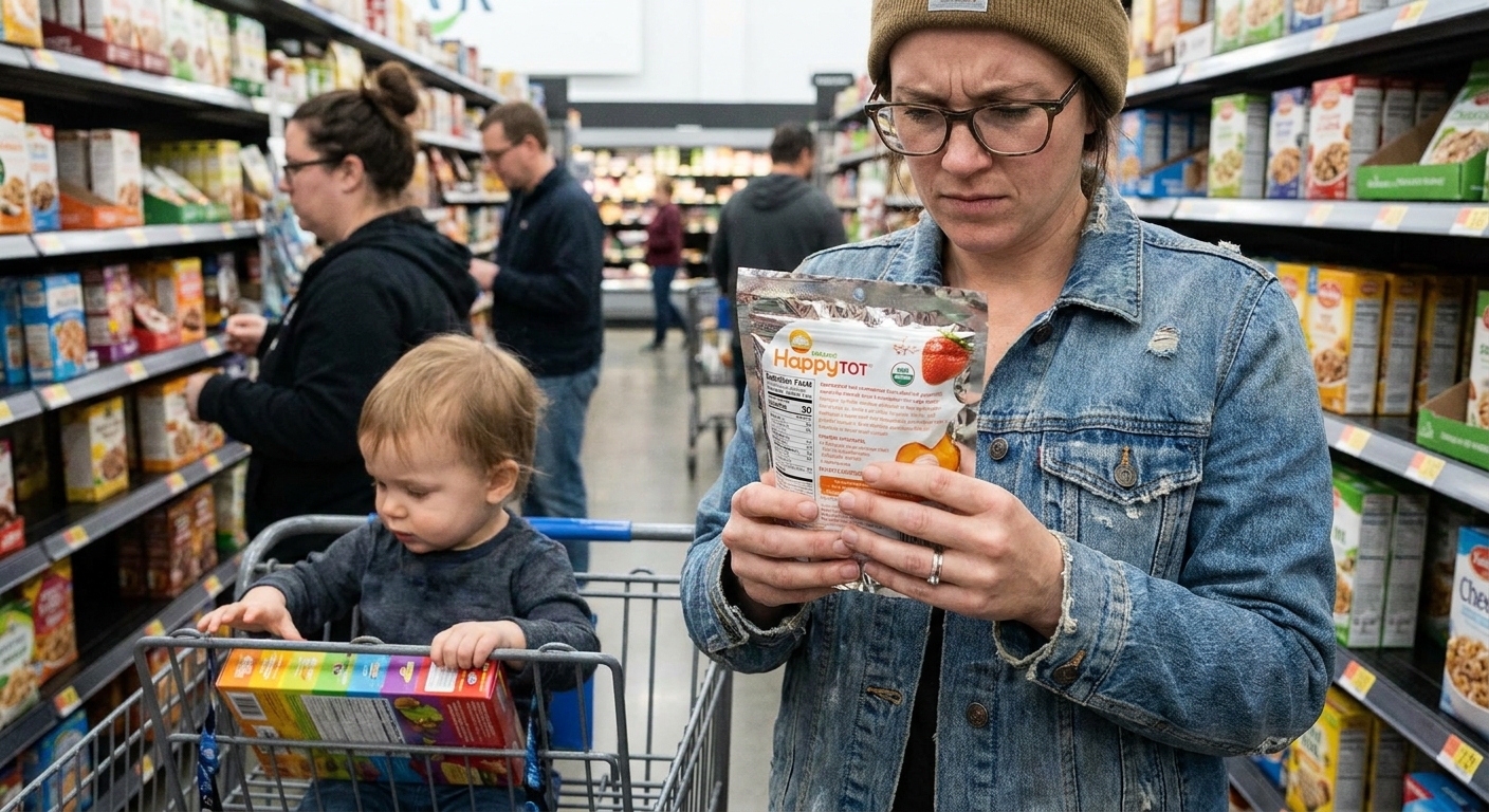 A parent holding a packaged toddler snack in a grocery store aisle and closely reading the ingredient label, candid photo style