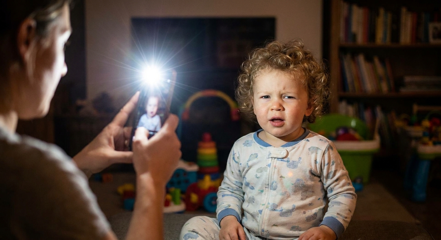 A parent holding a phone to take a flash photo of a toddler indoors, with the toddler looking toward the camera, real-life photography style