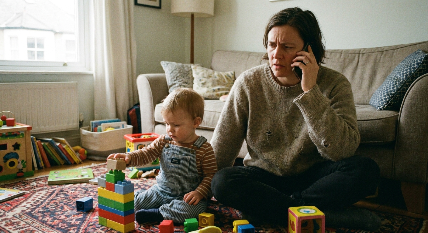 A parent holding a phone to their ear while watching a toddler play in a living room, concerned expression, candid home photo style